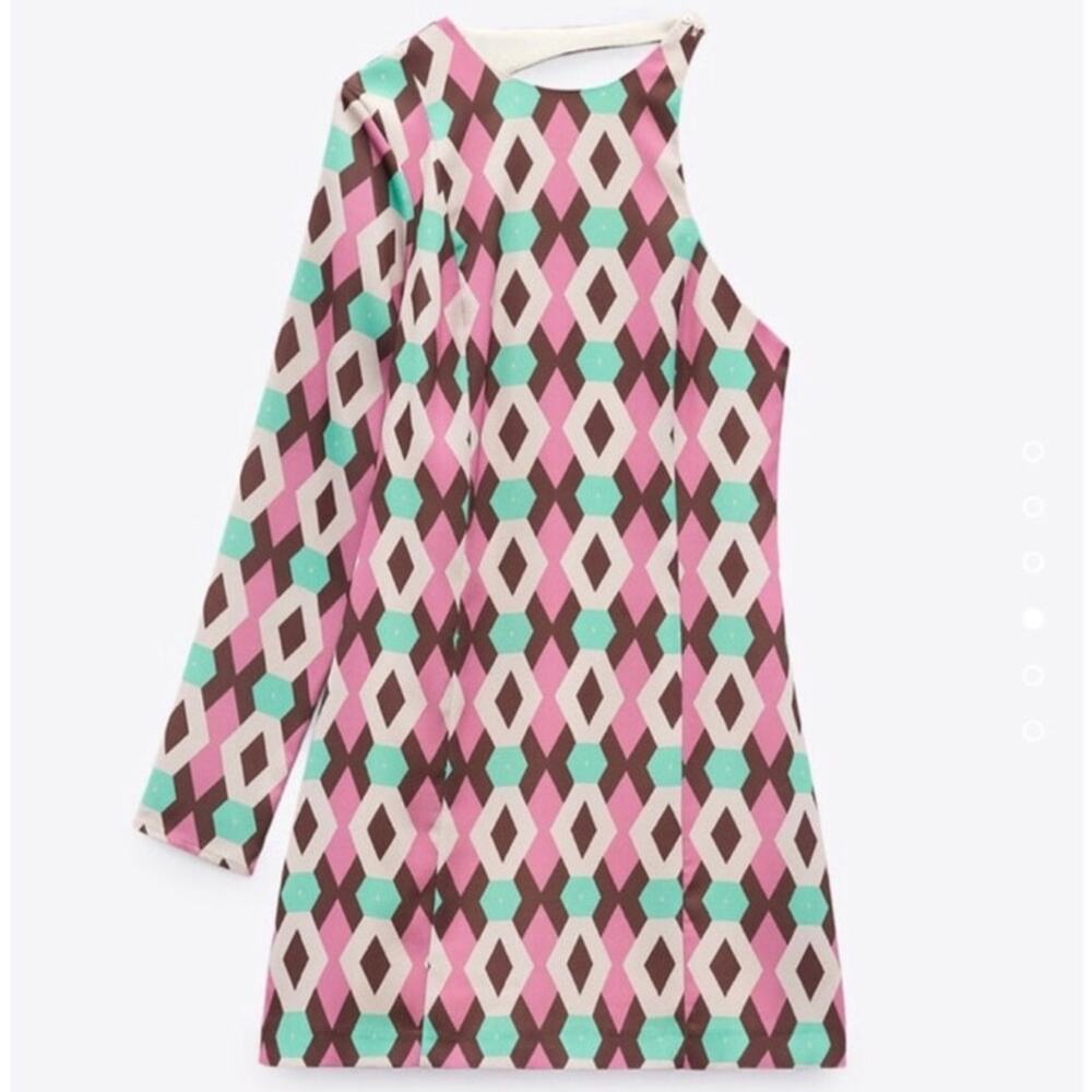 Zara One Shoulder Geometric Print Size Large Satin Effect Long Sleeve EUC Dress
